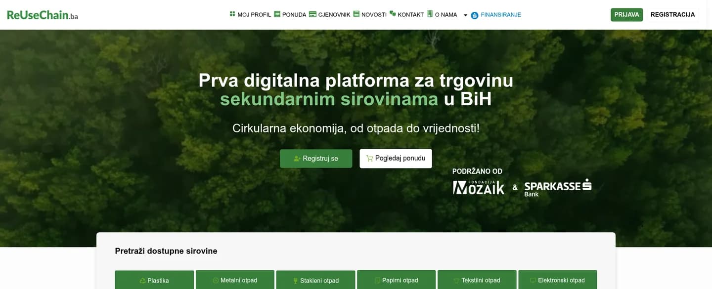 Stvarni snimak početne stranice platforme ReUseChain.ba za razmjenu sekundarnih sirovina